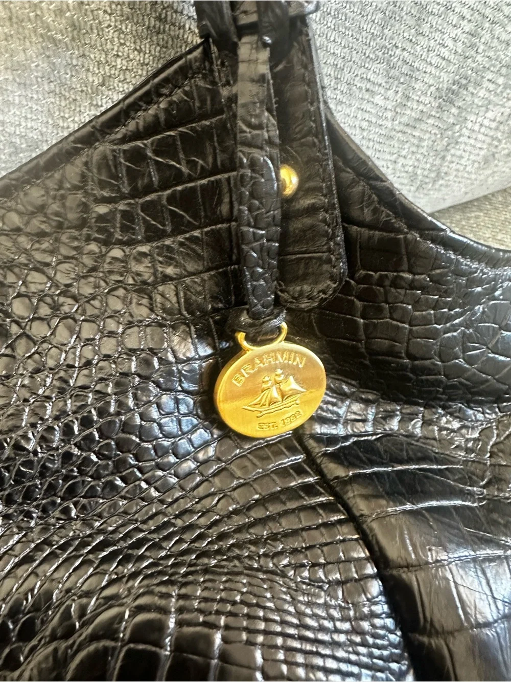Brahmin Black Croc-Embossed Shoulder Bag with Gold Accents